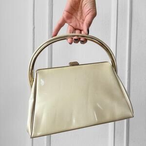 50s Structured Box Bag Cream Vinyl Gorgeous Hardware Handle Mid-Century Mad Men
